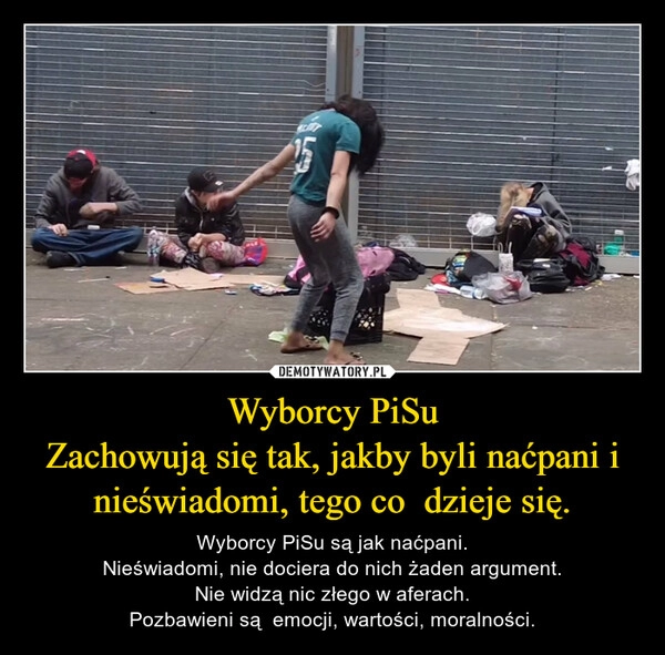 
    Wyborcy PiSu
Zachowują się tak, jakby byli naćpani i nieświadomi, tego co  dzieje się.