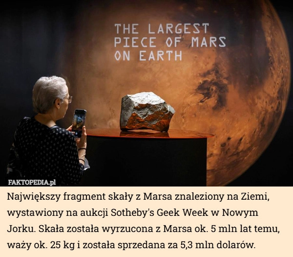 
    Największy fragment skały z Marsa znaleziony na Ziemi, wystawiony na aukcji...