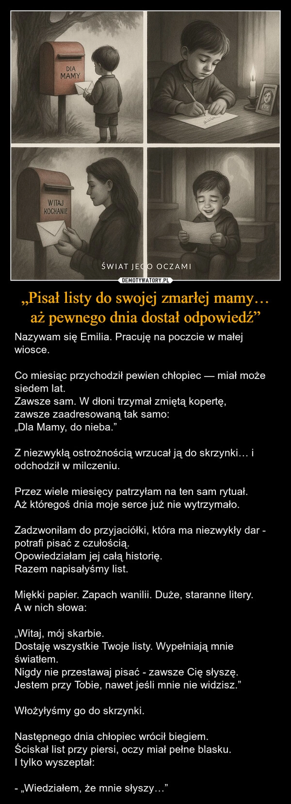 
    „Pisał listy do swojej zmarłej mamy… aż pewnego dnia dostał odpowiedź”