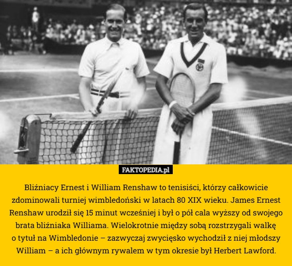 
    Bliźniacy Ernest i William Renshaw to tenisiści, którzy całkowicie zdominowali