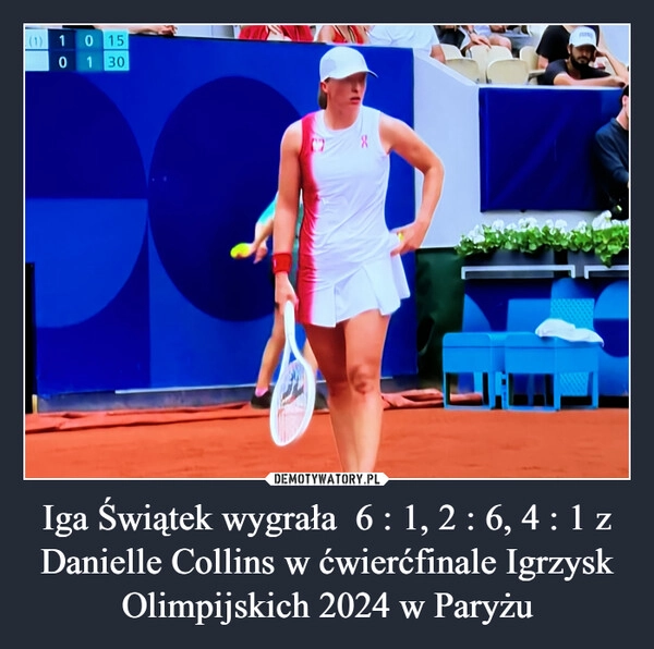 
    Iga Świątek wygrała  6 : 1, 2 : 6, 4 : 1 z Danielle Collins w ćwierćfinale Igrzysk Olimpijskich 2024 w Paryżu