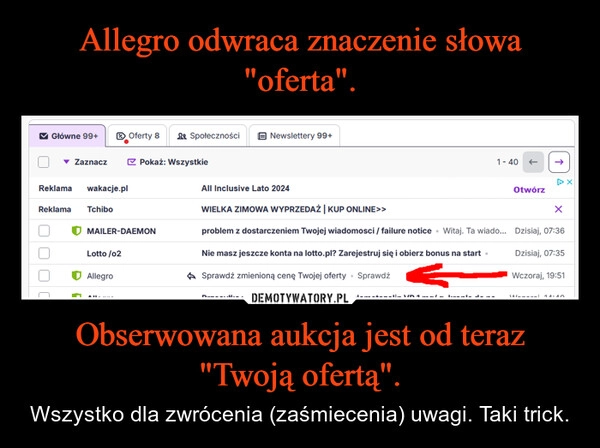 
    Allegro odwraca znaczenie słowa "oferta". Obserwowana aukcja jest od teraz "Twoją ofertą".