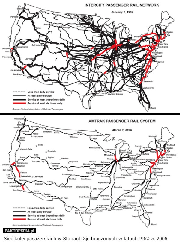 
    Sieć kolei pasażerskich w Stanach Zjednoczonych w latach 1962 vs 2005