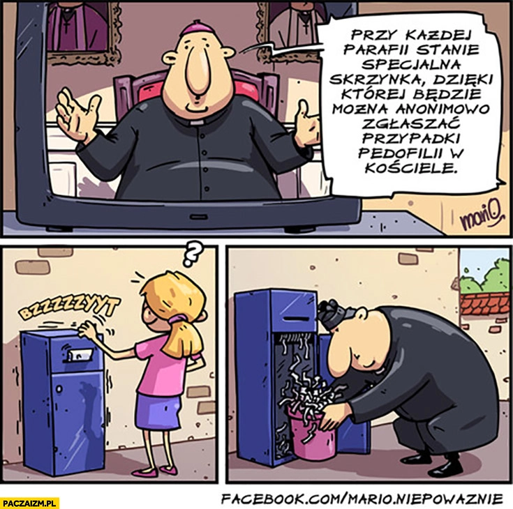 
    Przy każdej parafii skrzynka do anonimowego zgłaszania przypadków pedofilii w kościele niszczarka komiks