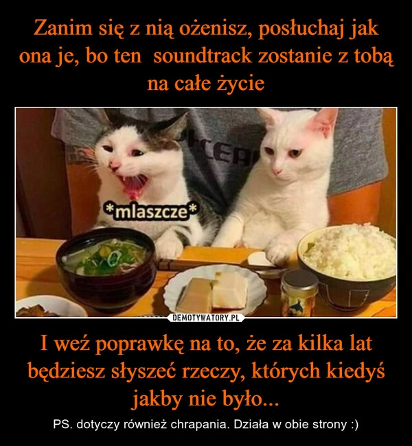 
    Zanim się z nią ożenisz, posłuchaj jak ona je, bo ten  soundtrack zostanie z tobą na całe życie I weź poprawkę na to, że za kilka lat będziesz słyszeć rzeczy, których kiedyś jakby nie było...