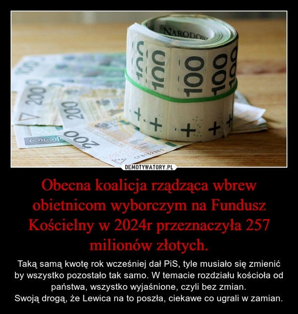 
    Obecna koalicja rządząca wbrew obietnicom wyborczym na Fundusz Kościelny w 2024r przeznaczyła 257 milionów złotych.