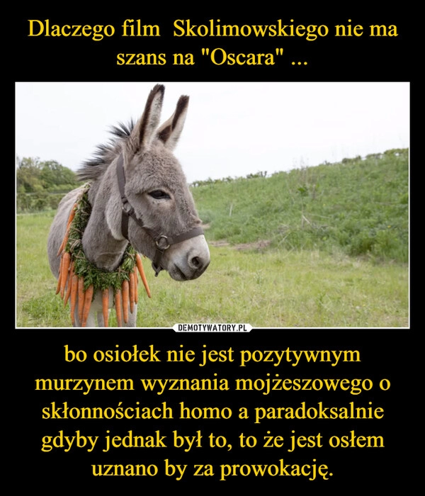 
    Dlaczego film  Skolimowskiego nie ma szans na "Oscara" ... bo osiołek nie jest pozytywnym murzynem wyznania mojżeszowego o skłonnościach homo a paradoksalnie gdyby jednak był to, to że jest osłem uznano by za prowokację.