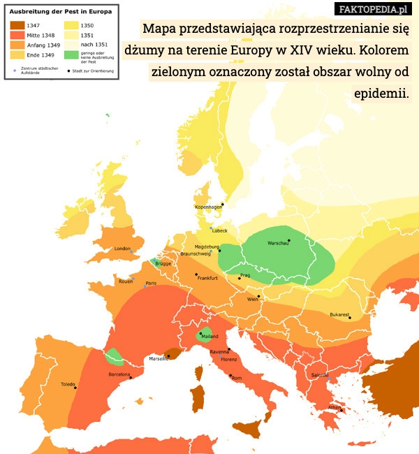 
    Mapa przedstawiająca rozprzestrzenianie się dżumy na terenie Europy w XIV