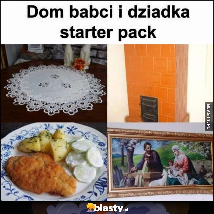 
    Dom babci i dziadka starter pack: obrus, piec kominek, obraz, schabowe na obiad