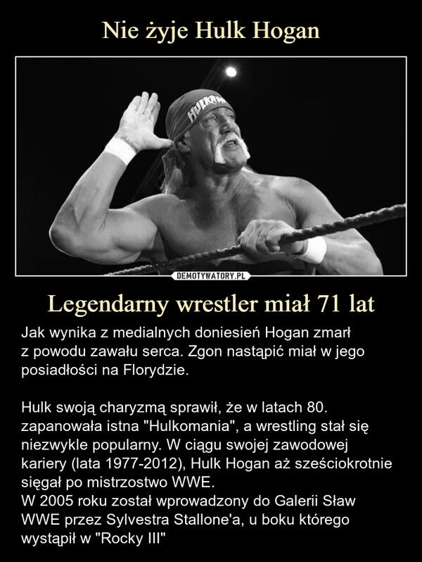 
    Nie żyje Hulk Hogan Legendarny wrestler miał 71 lat