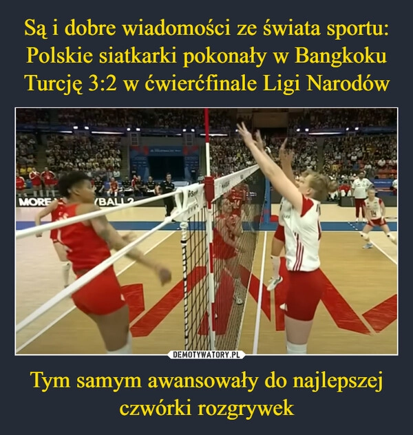 
    Są i dobre wiadomości ze świata sportu: Polskie siatkarki pokonały w Bangkoku Turcję 3:2 w ćwierćfinale Ligi Narodów Tym samym awansowały do najlepszej czwórki rozgrywek