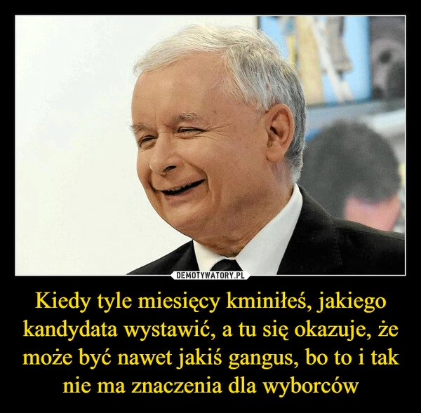 
    Kiedy tyle miesięcy kminiłeś, jakiego kandydata wystawić, a tu się okazuje, że może być nawet jakiś gangus, bo to i tak nie ma znaczenia dla wyborców