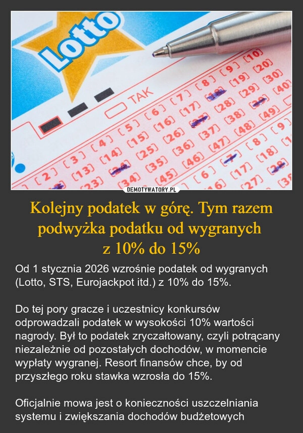 
    Kolejny podatek w górę. Tym razem podwyżka podatku od wygranych 
z 10% do 15%