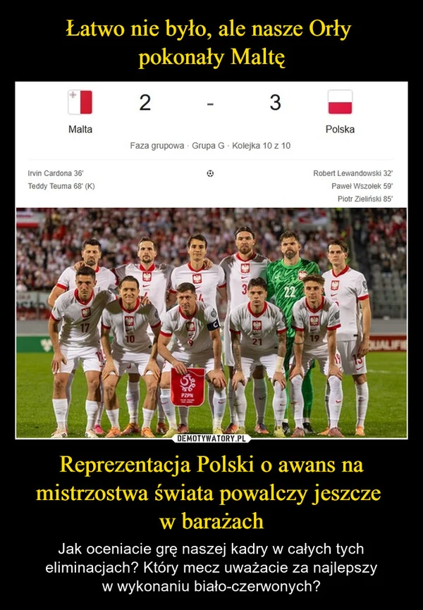
    Łatwo nie było, ale nasze Orły pokonały Maltę Reprezentacja Polski o awans na mistrzostwa świata powalczy jeszcze w barażach