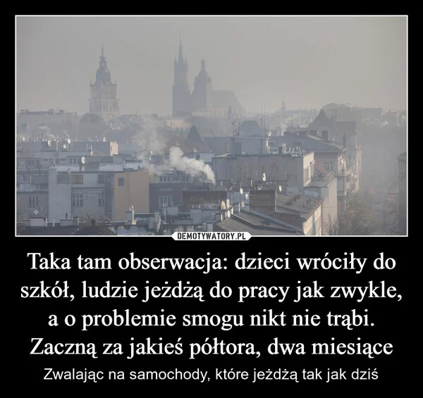 
    Taka tam obserwacja: dzieci wróciły do szkół, ludzie jeżdżą do pracy jak zwykle, a o problemie smogu nikt nie trąbi. Zaczną za jakieś półtora, dwa miesiące