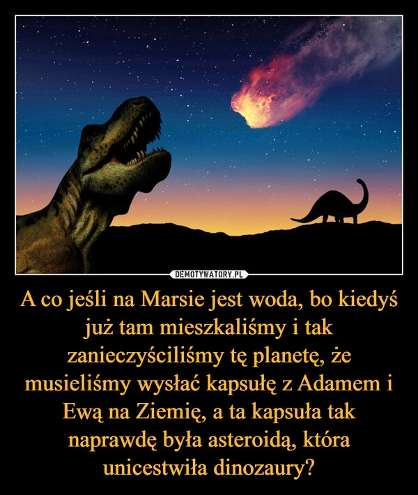 
    A co jeśli na Marsie jest woda, bo kiedyś już tam mieszkaliśmy i tak zanieczyściliśmy tę planetę, że musieliśmy wysłać kapsułę z Adamem i Ewą na Ziemię, a ta kapsuła tak naprawdę była asteroidą, która unicestwiła dinozaury? 