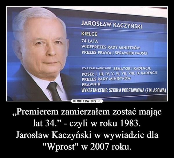 
    „Premierem zamierzałem zostać mając lat 34.” - czyli w roku 1983.
Jarosław Kaczyński w wywiadzie dla "Wprost" w 2007 roku.