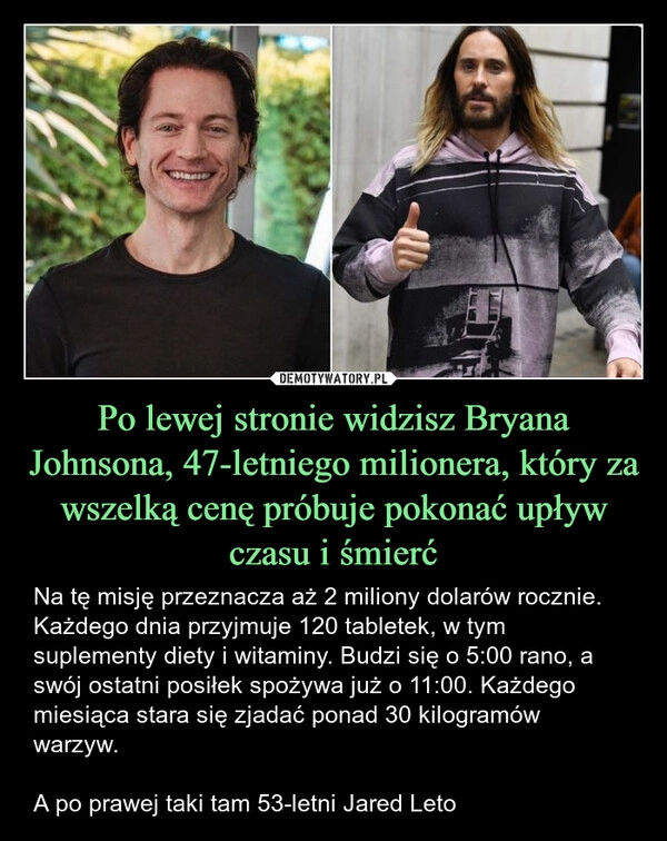 
    Po lewej stronie widzisz Bryana Johnsona, 47-letniego milionera, który za wszelką cenę próbuje pokonać upływ czasu i śmierć