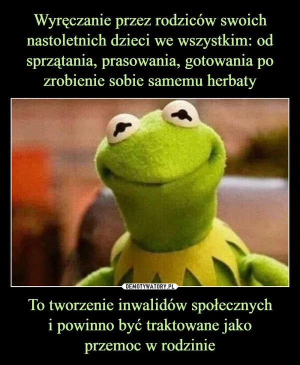 
    Wyręczanie przez rodziców swoich nastoletnich dzieci we wszystkim: od sprzątania, prasowania, gotowania po zrobienie sobie samemu herbaty To tworzenie inwalidów społecznych i powinno być traktowane jako przemoc w rodzinie