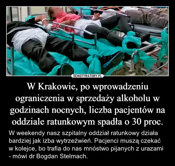 
    W Krakowie, po wprowadzeniu ograniczenia w sprzedaży alkoholu w godzinach nocnych, liczba pacjentów na oddziale ratunkowym spadła o 30 proc.
