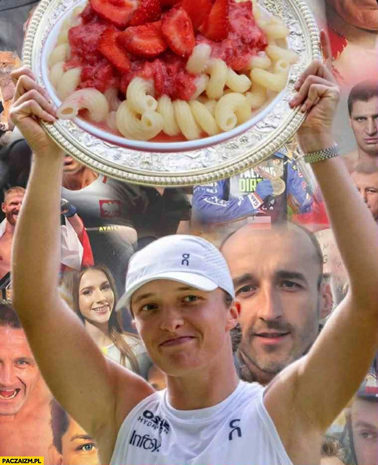 
    Iga Świątek trofeum Wimbledonu makaron z truskawkami w tle wielcy Polacy
