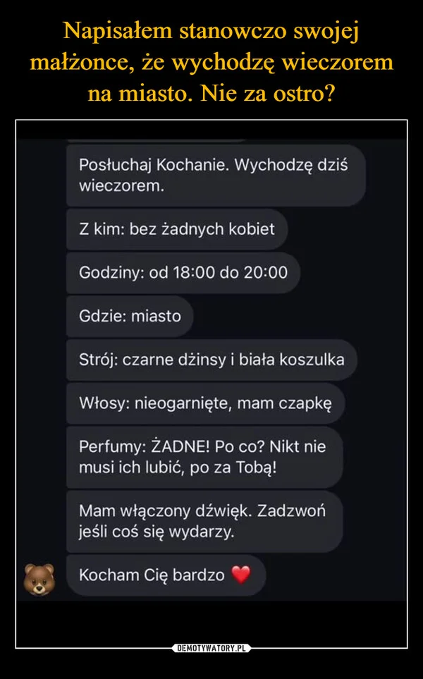 
    Napisałem stanowczo swojej małżonce, że wychodzę wieczorem na miasto. Nie za ostro?