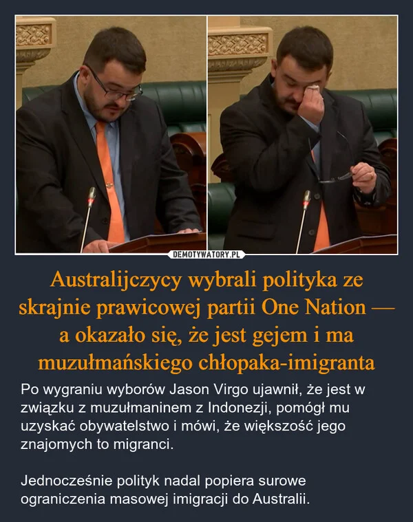 
    Australijczycy wybrali polityka ze skrajnie prawicowej partii One Nation — a okazało się, że jest gejem i ma muzułmańskiego chłopaka-imigranta