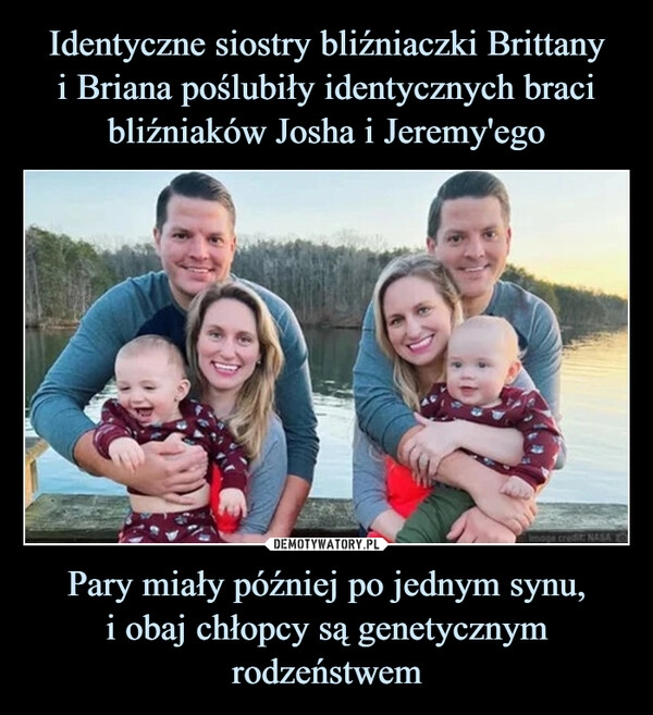 
    Identyczne siostry bliźniaczki Brittany
i Briana poślubiły identycznych braci bliźniaków Josha i Jeremy'ego Pary miały później po jednym synu,
i obaj chłopcy są genetycznym rodzeństwem