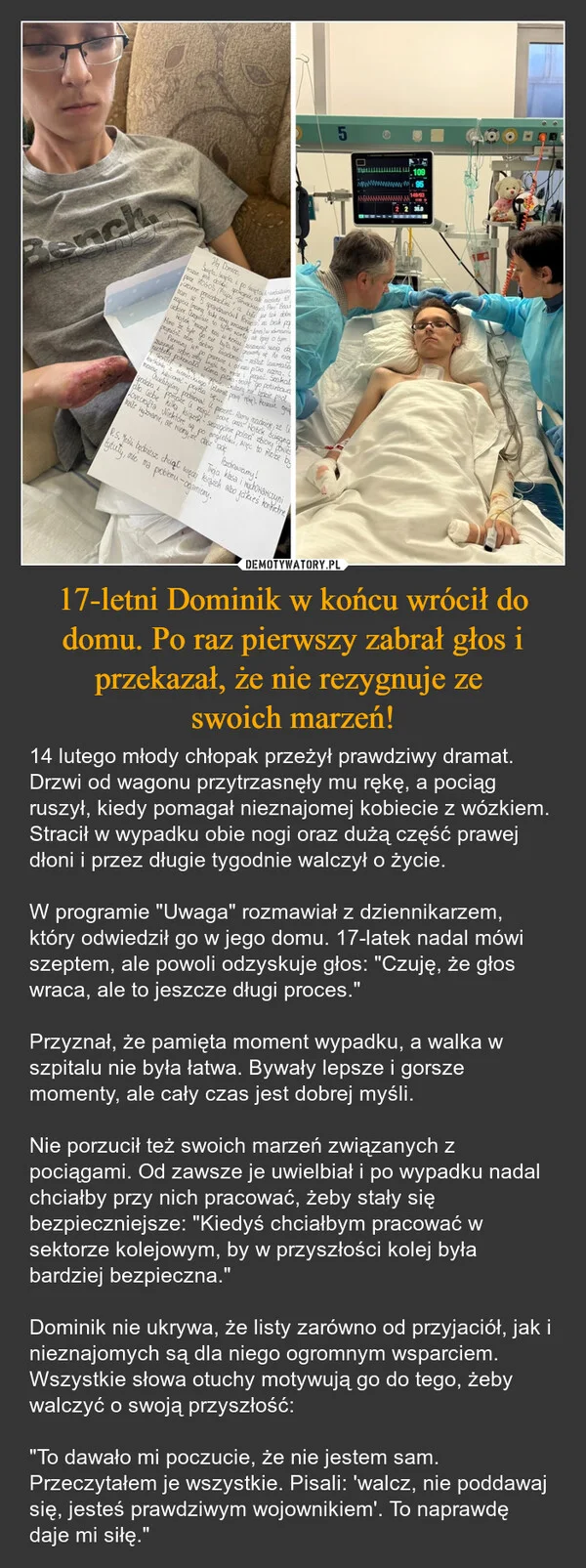 
    17-letni Dominik w końcu wrócił do domu. Po raz pierwszy zabrał głos i przekazał, że nie rezygnuje ze swoich marzeń!