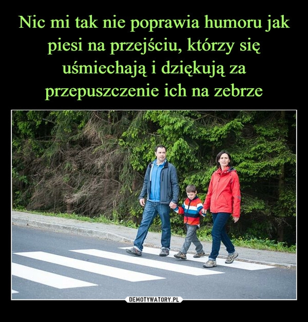 
    
Nic mi tak nie poprawia humoru jak piesi na przejściu, którzy się uśmiechają i dziękują za przepuszczenie ich na zebrze 