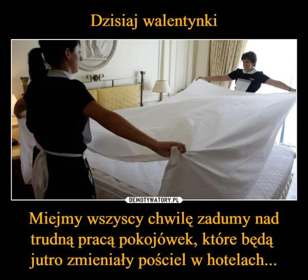 
    Dzisiaj walentynki Miejmy wszyscy chwilę zadumy nad trudną pracą pokojówek, które będą jutro zmieniały pościel w hotelach...