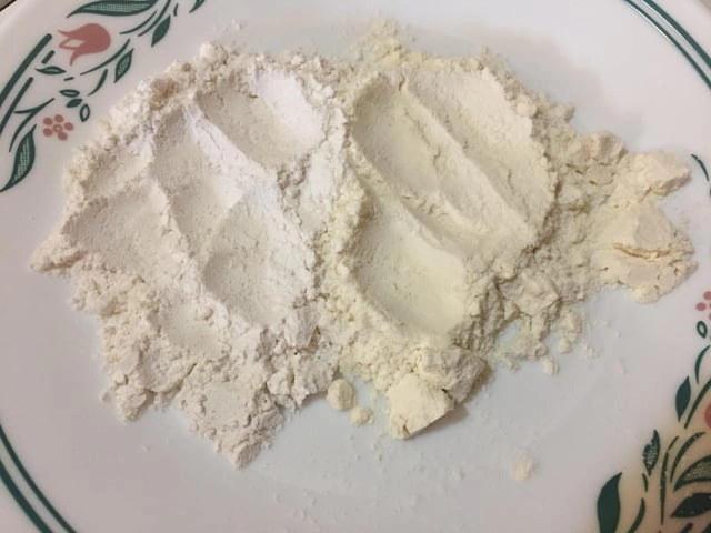 
    USA flour (bleached) vs EU flour (where chemical bleaching is illegal).