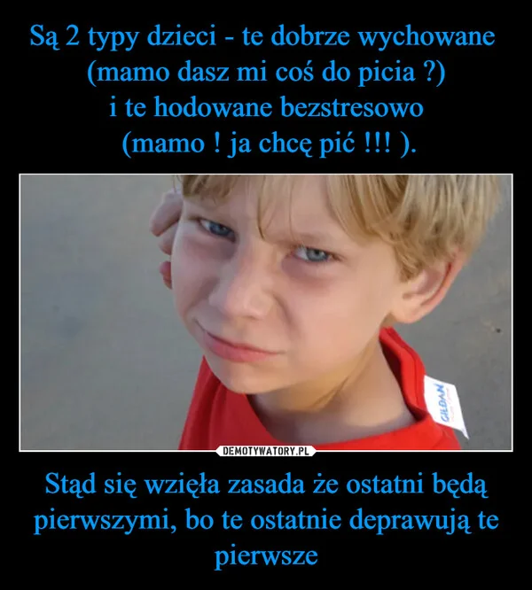 
    Są 2 typy dzieci - te dobrze wychowane (mamo dasz mi coś do picia ?) i te hodowane bezstresowo (mamo ! ja chcę pić !!! ). Stąd się wzięła zasada że ostatni będą pierwszymi, bo te ostatnie deprawują te pierwsze