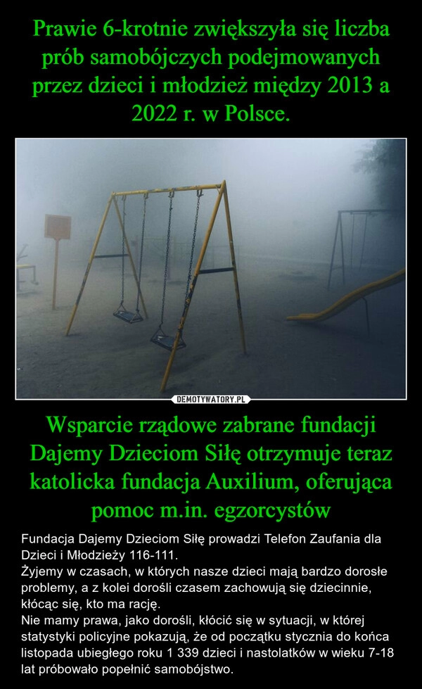 
    Prawie 6-krotnie zwiększyła się liczba prób samobójczych podejmowanych przez dzieci i młodzież między 2013 a 2022 r. w Polsce. Wsparcie rządowe zabrane fundacji Dajemy Dzieciom Siłę otrzymuje teraz katolicka fundacja Auxilium, oferująca pomoc m.in. egzorcystów