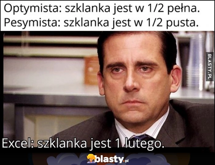 
    Optymista: szklanka jest w 1/2 pełna, pesymista: w 1/2 pusta, Excel: szklanka jest 1 lutego