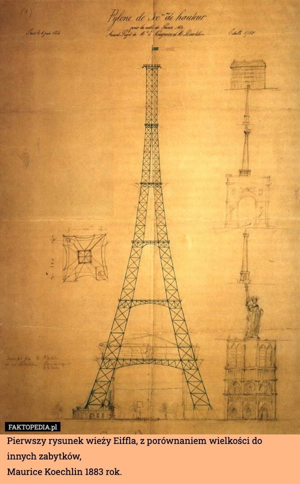 
    Pierwszy rysunek wieży Eiffla, z porównaniem wielkości do innych zabytków,