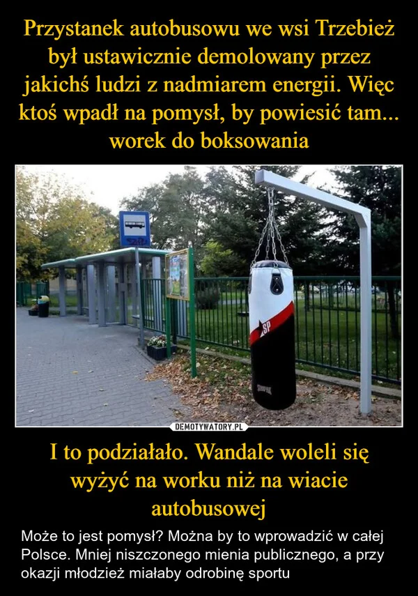 
    Przystanek autobusowu we wsi Trzebież był ustawicznie demolowany przez jakichś ludzi z nadmiarem energii. Więc ktoś wpadł na pomysł, by powiesić tam... worek do boksowania I to podziałało. Wandale woleli się wyżyć na worku niż na wiacie autobusowej
