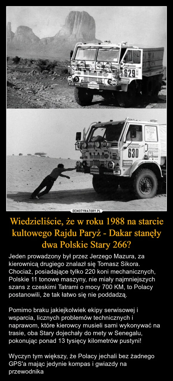 Wiedzieliście, że w roku 1988 na starcie kultowego Rajdu Paryż - Dakar stanęły dwa Polskie Stary 266?