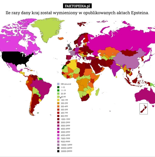 
    Ile razy dany kraj został wymieniony w opublikowanych aktach Epsteina.