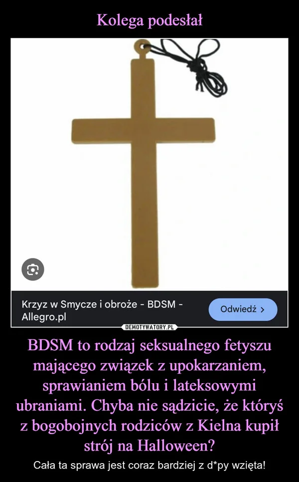 
    Kolega podesłał BDSM to rodzaj seksualnego fetyszu mającego związek z upokarzaniem, sprawianiem bólu i lateksowymi ubraniami. Chyba nie sądzicie, że któryś z bogobojnych rodziców z Kielna kupił strój na Halloween?