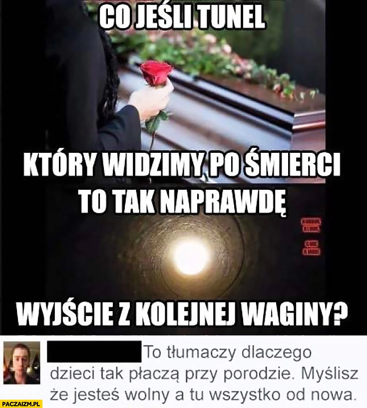 
    Co jeśli tunel który widzimy po śmierci to tak naprawdę wyjście z kolejnej kobiety? To tłumaczy dlaczego dzieci tak płaczą przy porodzie