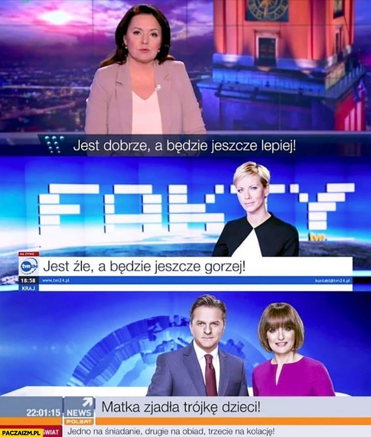 
    Wiadomości: jest dobrze a będzie jeszcze lepiej, Fakty: jest źle a będzie jeszcze gorzej, Polsat news: matka zjadła trójkę dzieci