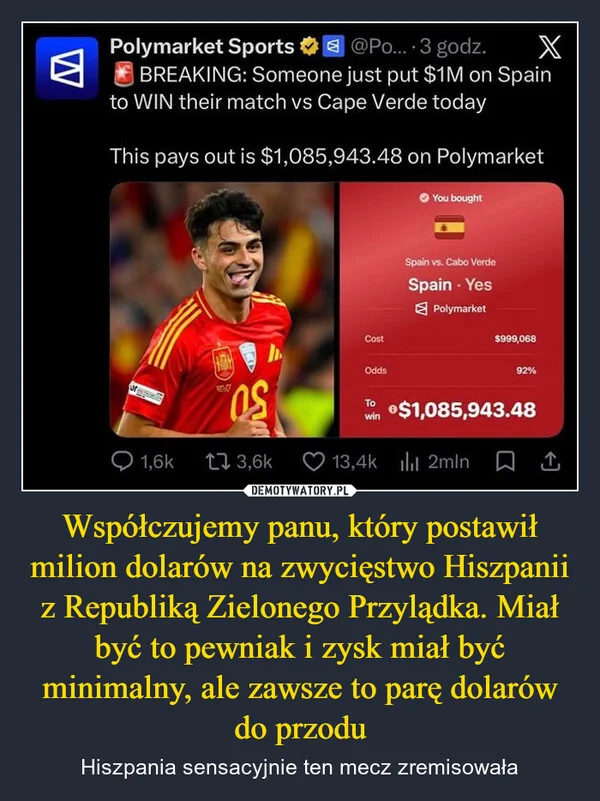 
    Współczujemy panu, który postawił milion dolarów na zwycięstwo Hiszpanii z Republiką Zielonego Przylądka. Miał być to pewniak i zysk miał być minimalny, ale zawsze to parę dolarów do przodu
