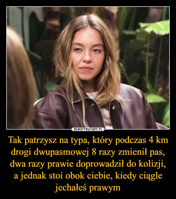 
    Tak patrzysz na typa, który podczas 4 km drogi dwupasmowej 8 razy zmienił pas, dwa razy prawie doprowadził do kolizji, a jednak stoi obok ciebie, kiedy ciągle jechałeś prawym