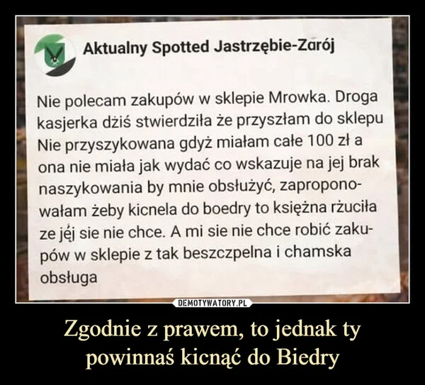 
    Zgodnie z prawem, to jednak ty powinnaś kicnąć do Biedry