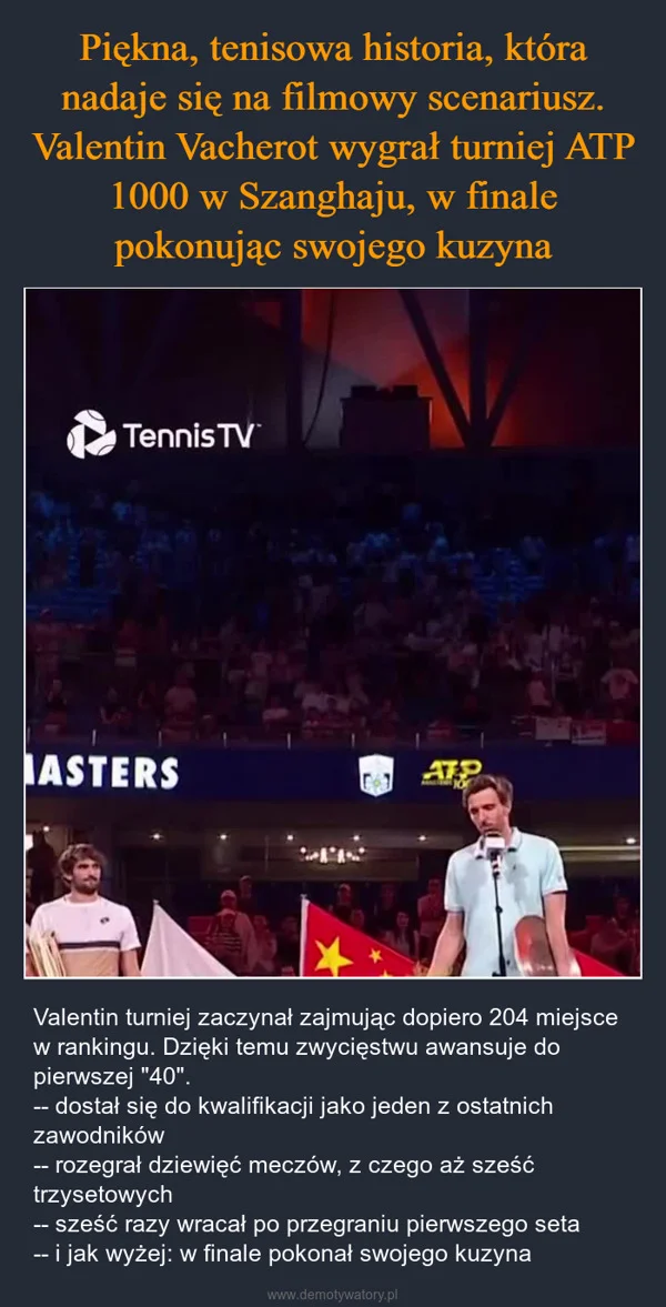 
    Piękna, tenisowa historia, która nadaje się na filmowy scenariusz. Valentin Vacherot wygrał turniej ATP 1000 w Szanghaju, w finale pokonując swojego kuzyna