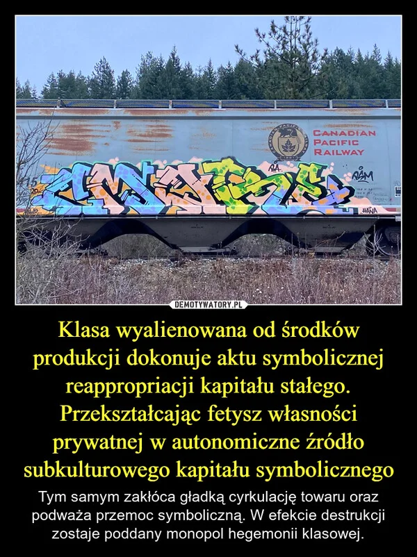 
    Klasa wyalienowana od środków produkcji dokonuje aktu symbolicznej reappropriacji kapitału stałego. Przekształcając fetysz własności prywatnej w autonomiczne źródło subkulturowego kapitału symbolicznego