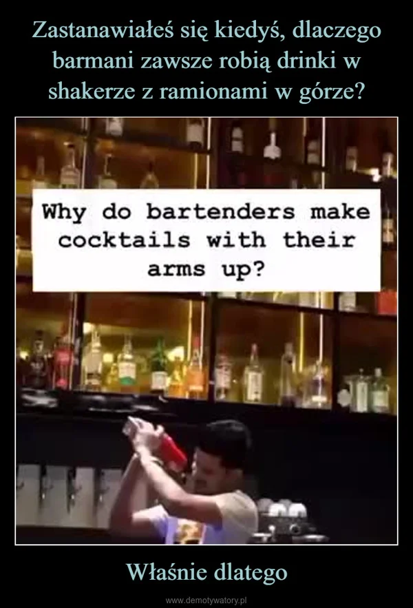 
    Zastanawiałeś się kiedyś, dlaczego barmani zawsze robią drinki w shakerze z ramionami w górze? Właśnie dlatego