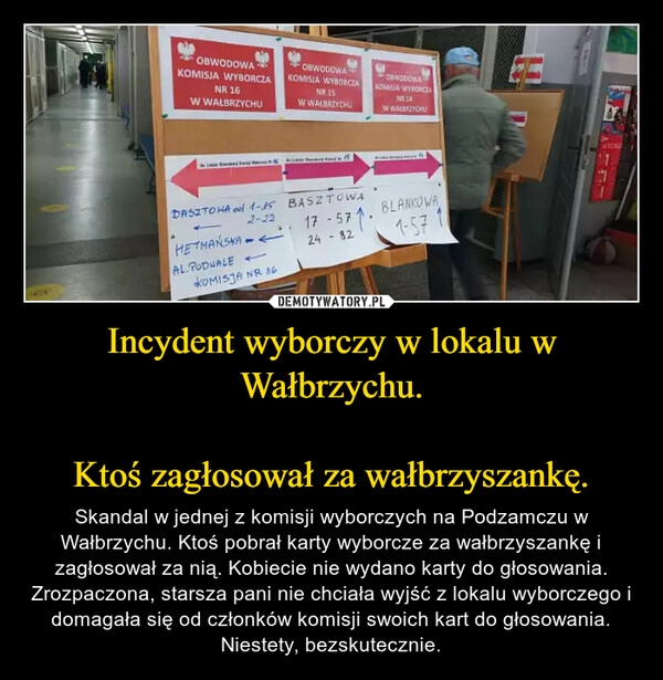 
    Incydent wyborczy w lokalu w Wałbrzychu.

Ktoś zagłosował za wałbrzyszankę.