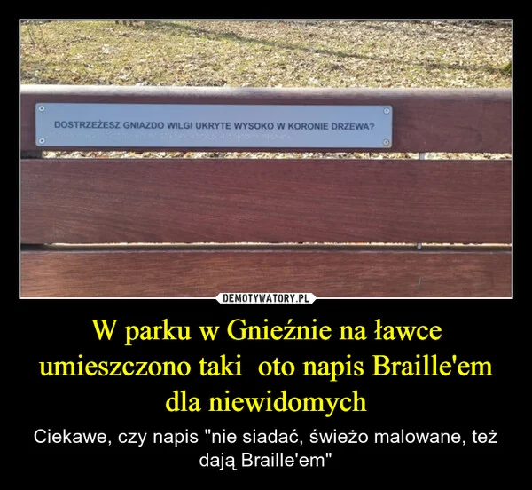 
    W parku w Gnieźnie na ławce umieszczono taki oto napis Braille'em dla niewidomych